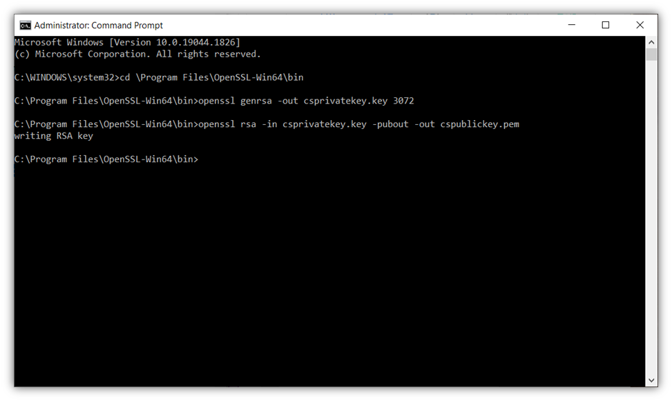 A screenshot from the Windows Command Prompt that shows how to extract a public key.