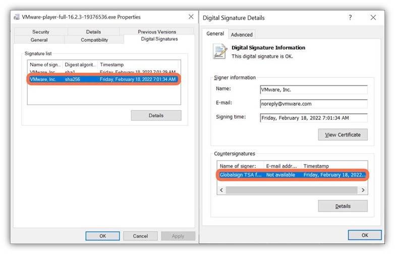 A side-by-side set of screenshots that show the digital signature information for VMware software