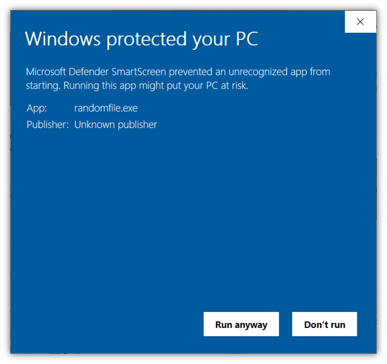 A screenshot of the Microsoft Defender SmartScreen warning message that warns users that an "Unknown Publisher" create the unrecognized app and that it might have security risks. 