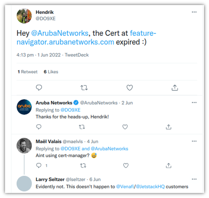 A screenshot of a Twitter conversation between a user @D0OXE and @ArubaNetworks