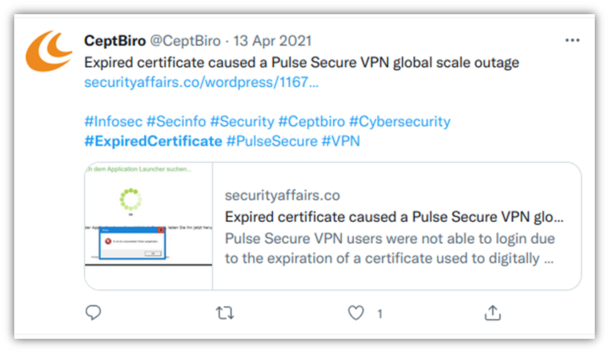 A Twitter post screenshot from CeptBiro about an outage due to an expired PKI certificate