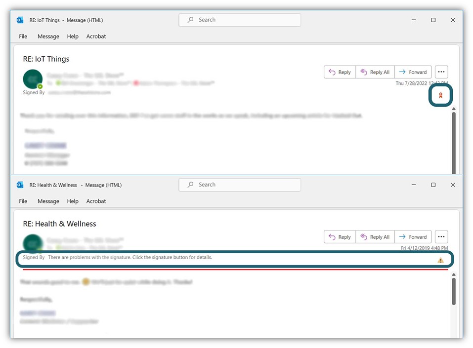 A comparison set of two screenshots that show a digitally signed email versus an email that's signed by an email signing certificate that expired