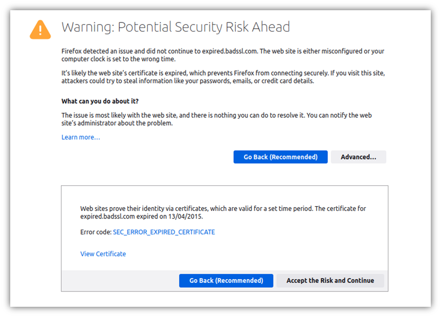 Graphic for the article "What Does 'Security Certificate Expired' Mean?" A screenshot of the Firefox warning message "Warning: Potential Security Risk Ahead"