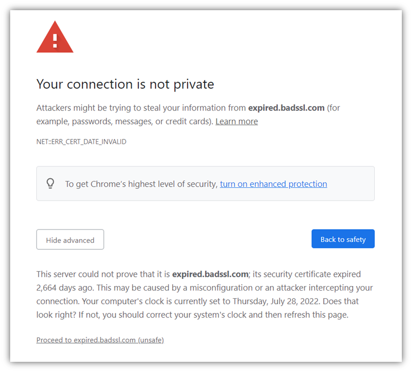 A screenshot of Chrome's "Your connection is not private" warning message