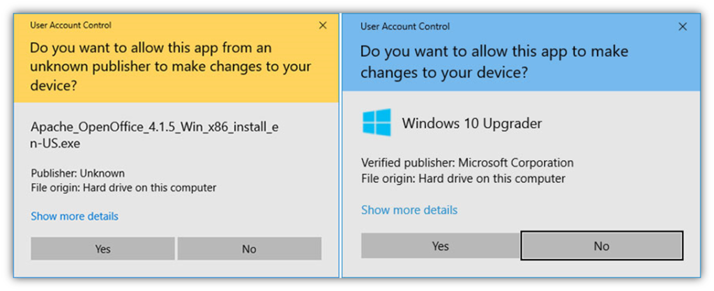 A side-by-side comparison of the User Account Control (UAC) messages that display for unsigned software and digitally signed software