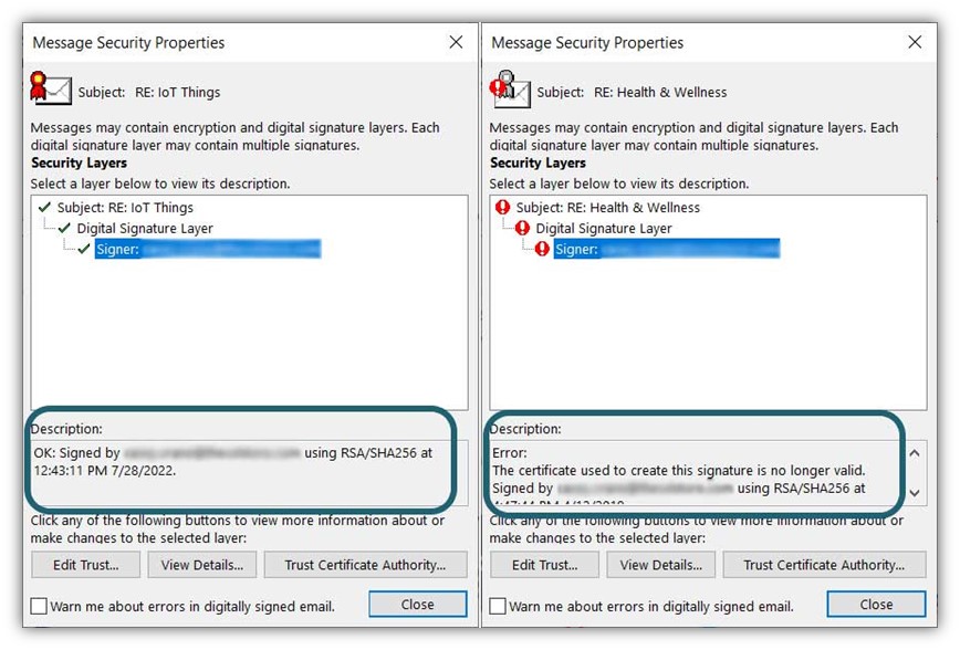 Another side-by-side comparison of certificate properties of a valid certificate versus an invalid (expired) certificate