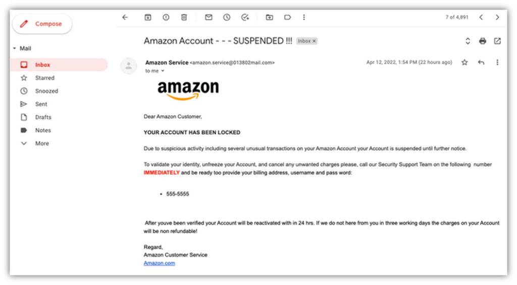 A screenshot of an Amazon business identity theft example email from Avast.