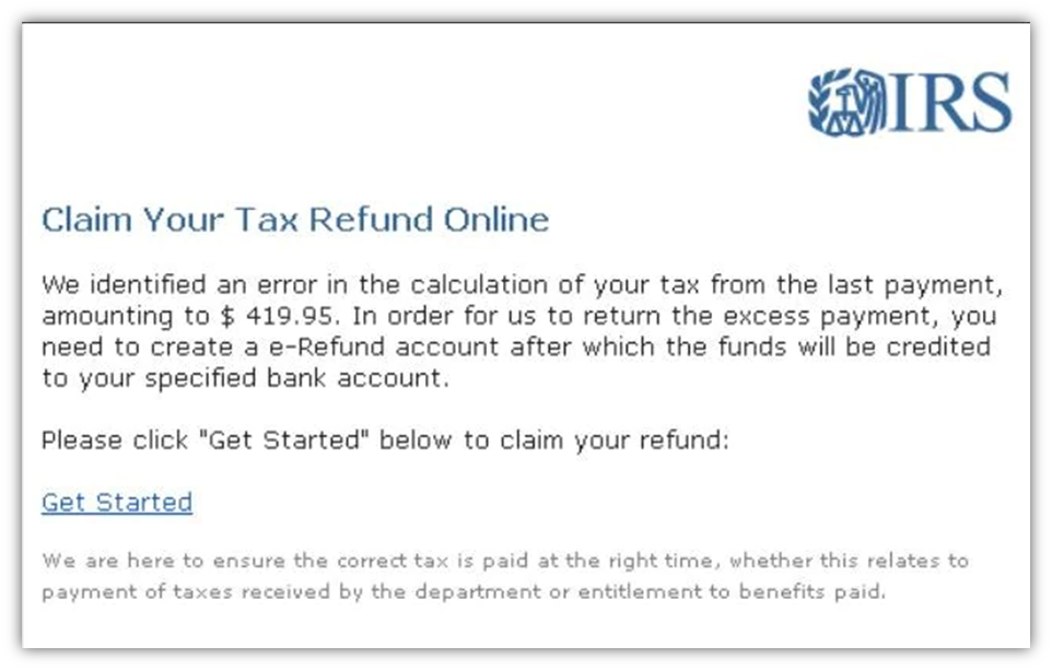 A screenshot of a phony IRS tax refund email from Norton.