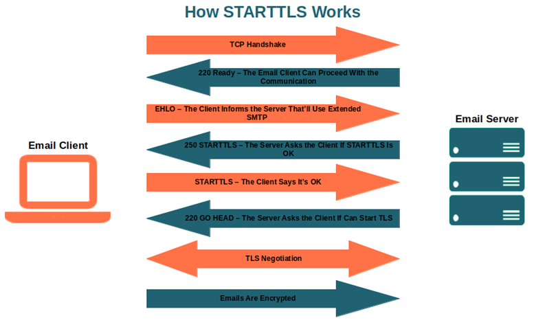 A graphic that illustrates how STARTTLS works and explores the interactions between an email client and an email server