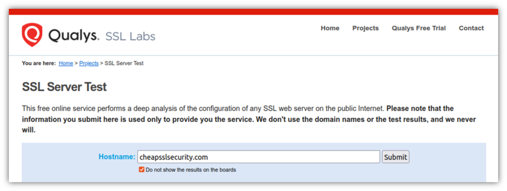 A screenshot from Qualys SSL Labs TLS checker tool when we enter the domain of the website to check.