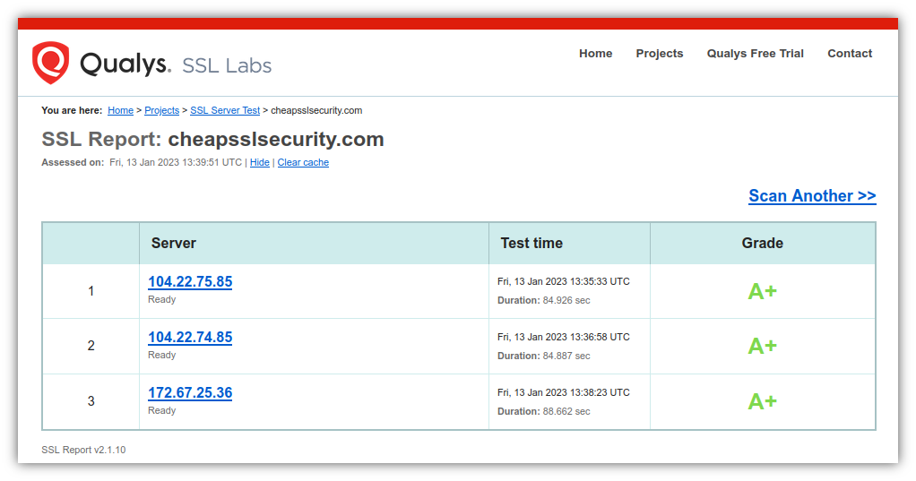 A screenshot from Qualys SSL Labs TLS checker tool that shows the initial TLS checker tool results