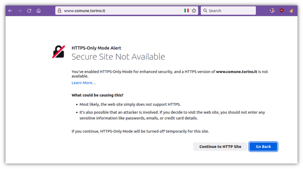 TLS security article image caption: A screenshot from the Torino city council's website that warns it's using an insecure connection