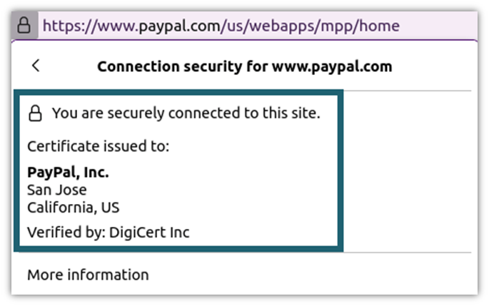 A screenshot from PayPal.com that shows the verified identity of PayPal, Inc., which owns the website.