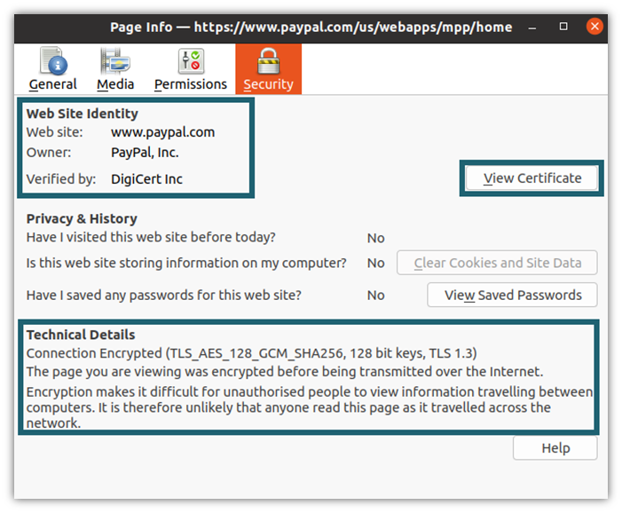 A screenshot from PayPal.com that shows the website is using TLS security to protect its data in transit