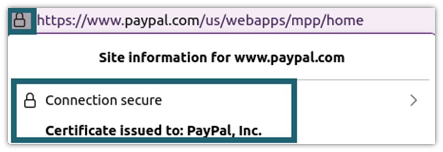 A screenshot from PayPal.com that shows it's using a secure TLS connection