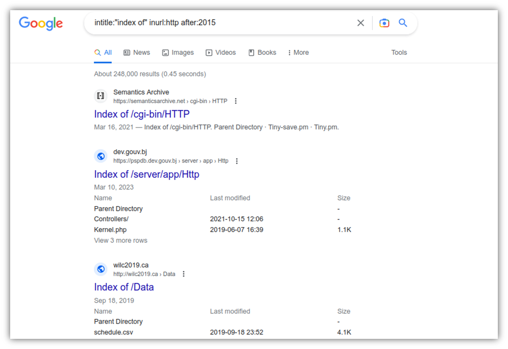 A screenshot captured using Google Dorks advanced search techniques.