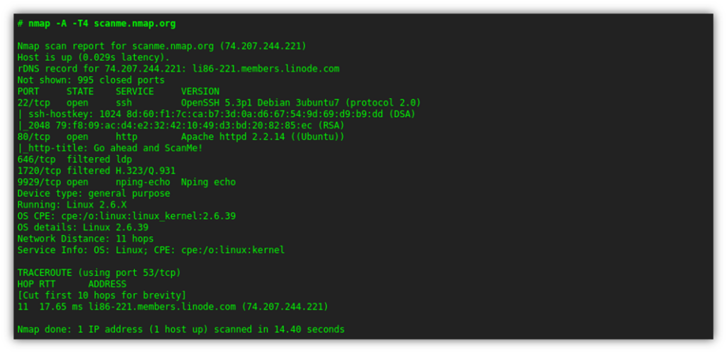 A screenshot from Nmap.com of an example NMAp scan being performed.