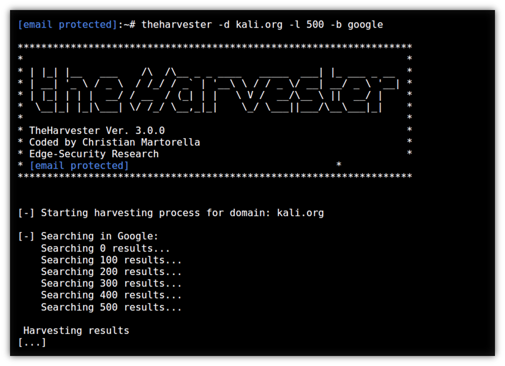 A screenshot of TheHarvester search tool. Image source: Kali.org.