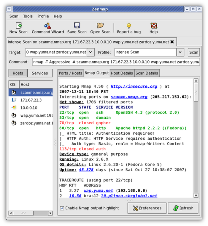 A screenshot that shows an example of the Zenmap GUI. Image source: Nmap.com.