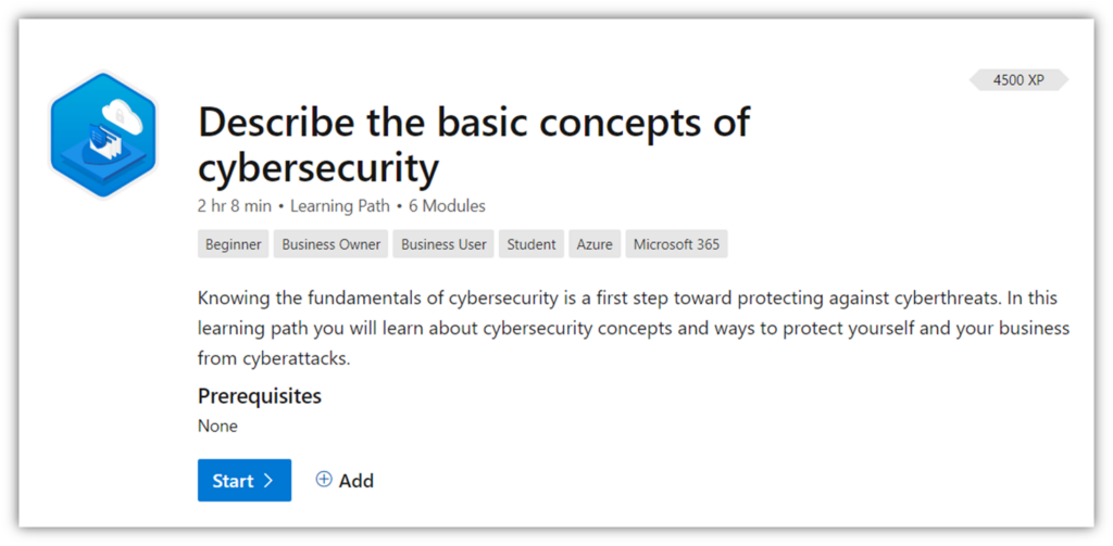A screenshot of the course screen for Microsoft Learn's basic cyber security awareness training for employees