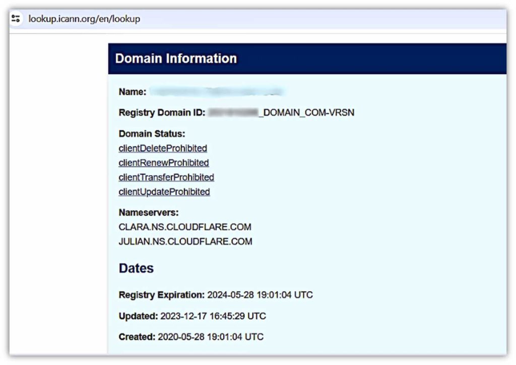 A screenshot displaying ICANN information, including domain statuses that include blocked client-side options.