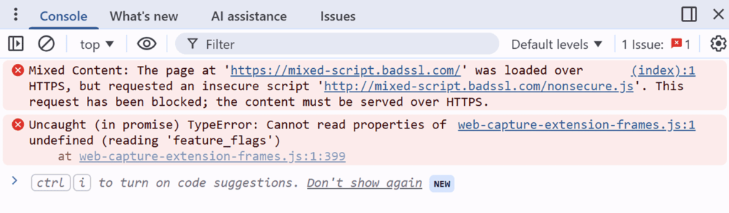 An example of how a mixed content error message looks in the devtool in Chrome