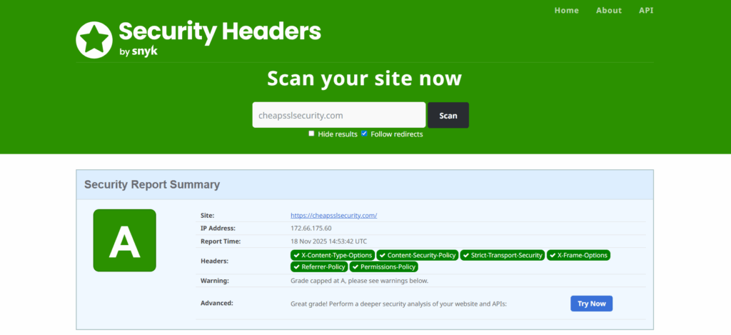 The first example of how the securityheaders.com website scan tool grades a website