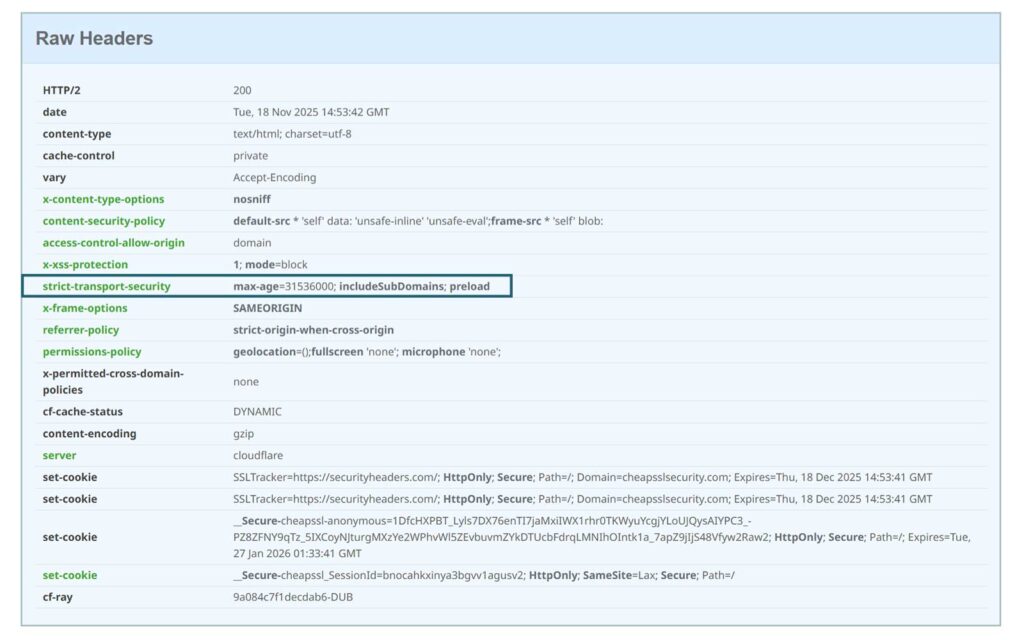 A second example of how the HSTS information can display when using the securityheaders.com website scan tool