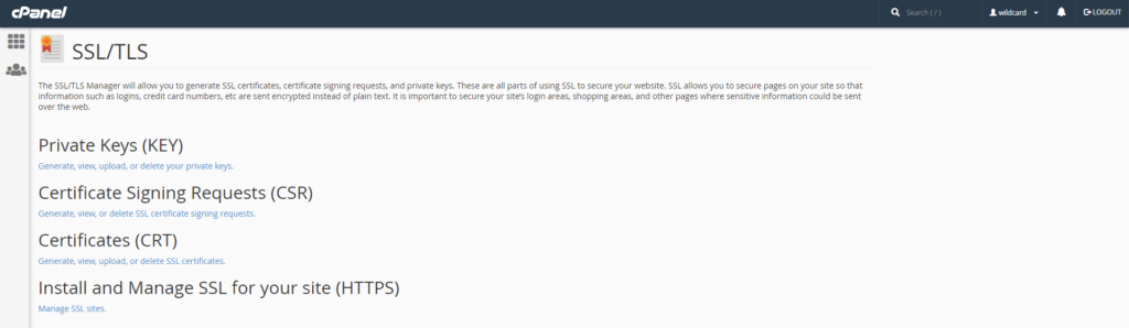 Graphic: The cPanel SSL/TLS section menu. Use this to follow the process of getting your Comodo SSL certificate private key.