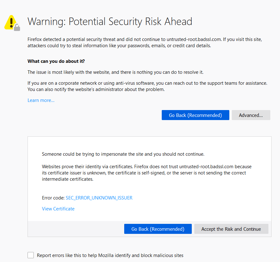 Graphic: Error code SEC_ERROR_UNKNOWN_ISSUER in Firefox