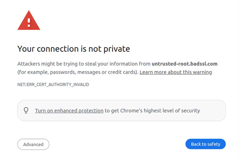 An example of what the NET::ERR_CERT_AUTHORITY_INVALID error looks like in Google Chrome