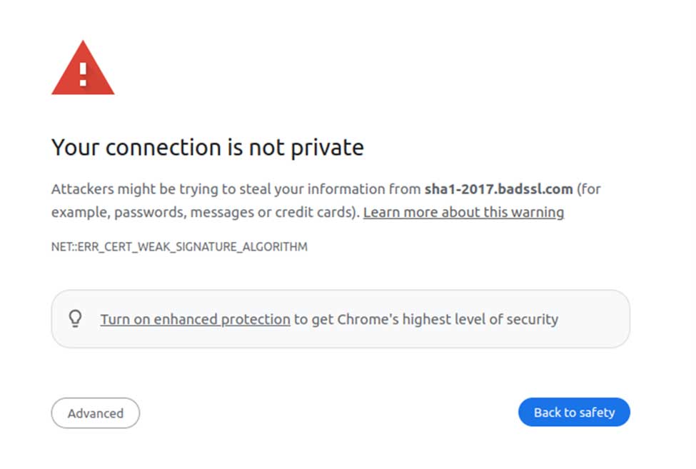 Screenshot of the net::err_cert_weak_signature_algorithm error in Google Chrome