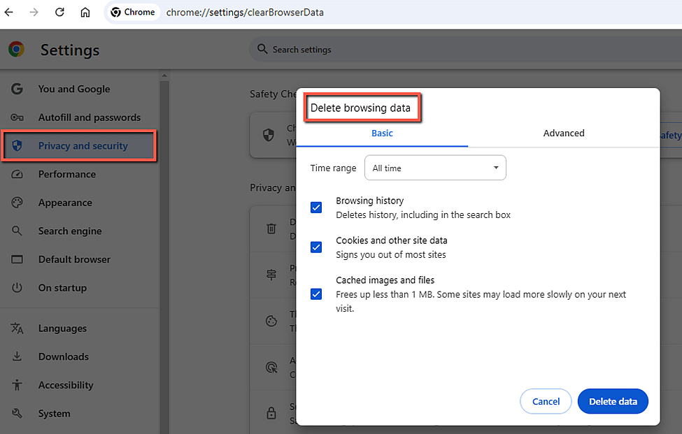 Clear Your browsing data